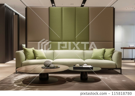 Modern minimalistic office lounge with elegant green sofa and stylish coffee tables 115818780