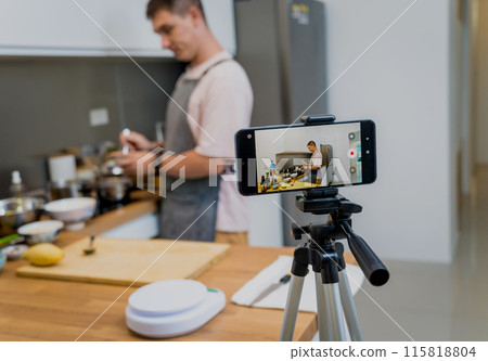 The chef is broadcasting live from workshop how to prepare a vegetarian food The chef is broadcasting live from workshop how to prepare a vegetarian food 115818804