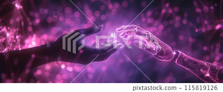 Human hand and robot arm reaching towards each other symbolizing AI interaction and connection 115819126