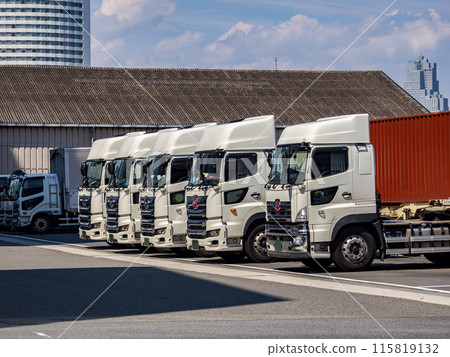 Trucks (trailers) parked side by side at a port facility 115819132