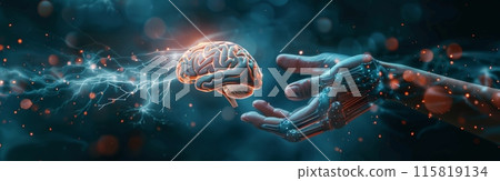 Human hand and robot hand holding brain with neural connections, artificial intelligence concept 115819134