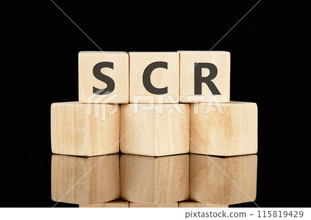 Text SCR word is made up of wooden cubes on a black background Text SCR word is made up of wooden cubes on a black background 115819429