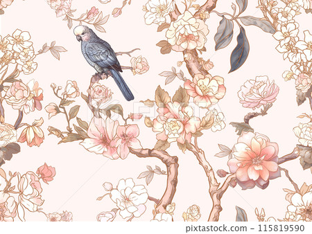 Blossom trees with sparrow and parrots  115819590