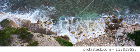 Aerial view of sea waves and fantastic Rocky coast, Montenegro Aerial view of sea waves and fantastic Rocky coast, Montenegro 115819653