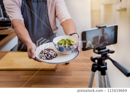 The chef is broadcasting live from workshop how to prepare a vegetarian green curry The chef is broadcasting live from workshop how to prepare a vegetarian green curry 115819669
