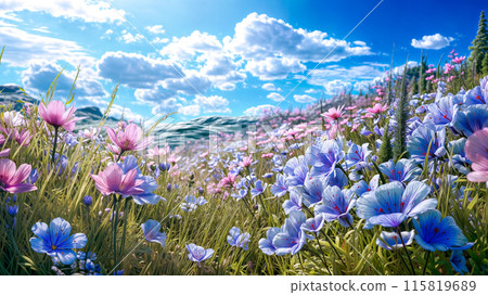 Pink and blue flowers blooming in the field against the blue sky 115819689