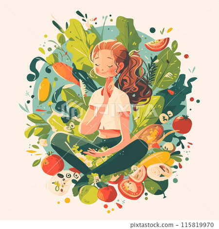 Woman Surrounded by Vegetables and Fruits, Embracing Healthy Lifestyle Woman Surrounded by Vegetables and Fruits, Embracing Healthy Lifestyle 115819970