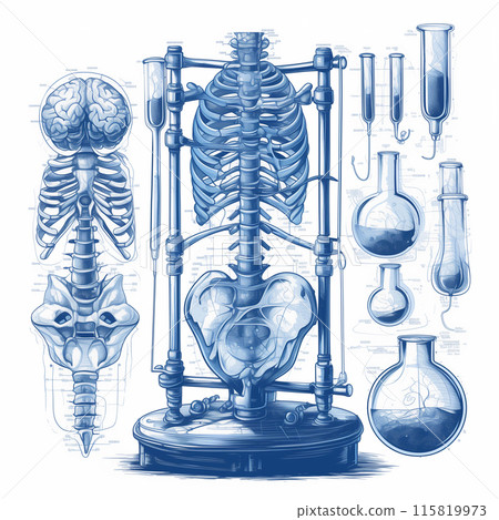 A Detailed Illustration of the Human Skeleton and Internal Organs in a Medical Setting A Detailed Illustration of the Human Skeleton and Internal Organs in a Medical Setting 115819973