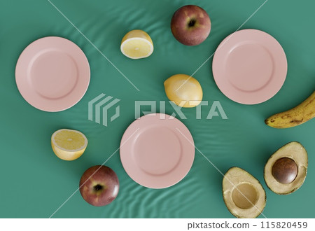 Plates and fruits on a retro green table 115820459