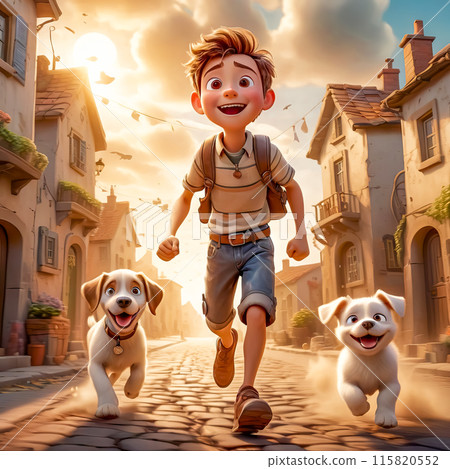 Happy boy running along the road with his dog 115820552
