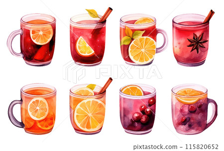 watercolor set vector illustration of mulled wine with glass and ingredients cinnamon stick isolated on white background watercolor set vector illustration of mulled wine with glass and ingredients cinnamon stick isolated on white background 115820652