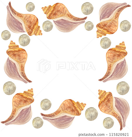 Shell and pearls watercolor frame isolated on white. High quality hand-drawn illustration for notebooks, cards, posters, restaurant menu, souvenirs, stickers, tourism ads, dishes, room design and 115820921