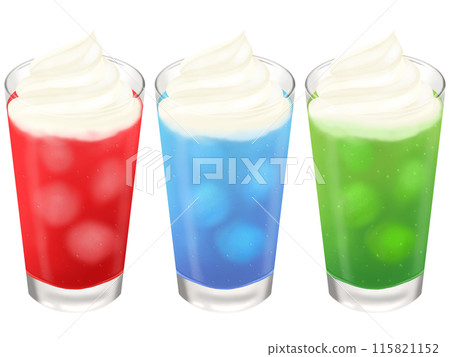 A set of three colored cream sodas (red, blue, green) topped with whipped cream 115821152