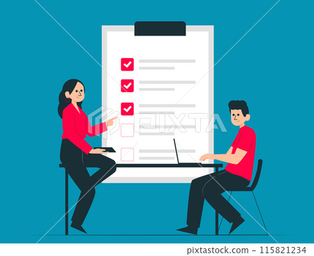 Team fill out checklist. Todo list vector concept Team fill out checklist. Todo list vector concept 115821234