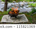 Bonfire on the riverbank, outdoors 115821369