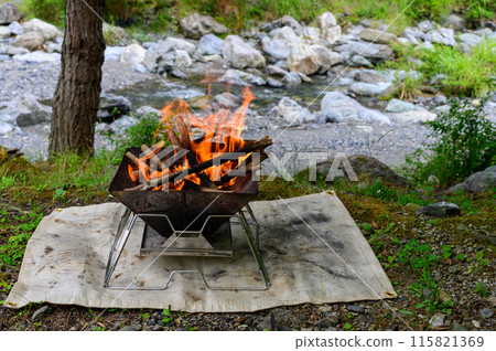 Bonfire on the riverbank, outdoors 115821369