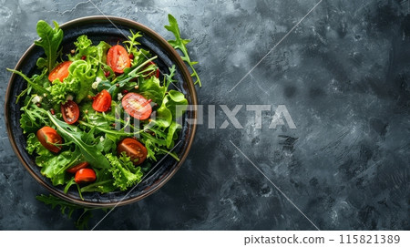 Healthy salad in a bowl on rustic background --ar 25:14 Job ID: 6216744b-5d4a-4ee4-9a0a-67dbdcf02a7b 115821389