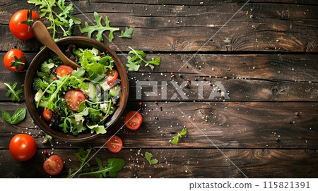Healthy salad in a bowl on rustic background --ar 25:14 Job ID: 6216744b-5d4a-4ee4-9a0a-67dbdcf02a7b 115821391