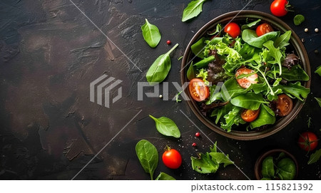Healthy salad in a bowl on rustic background --ar 25:14 Job ID: 6216744b-5d4a-4ee4-9a0a-67dbdcf02a7b 115821392