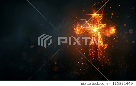 Christian glowing cross or crucifix. Religious holiday concept. With copyspace for your text. Christian glowing cross or crucifix. Religious holiday concept. With copyspace for your text. 115821449