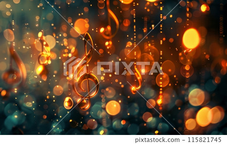 Glowing music note made from broken and shattered glass on beautiful defocused bokeh background. 115821745