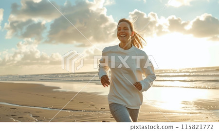 Woman running on a beach, jogging, healthy cardio exercise. 115821772