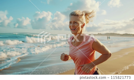 Woman running on a beach, jogging, healthy cardio exercise. 115821773