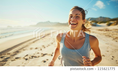 Woman running on a beach, jogging, healthy cardio exercise. 115821775
