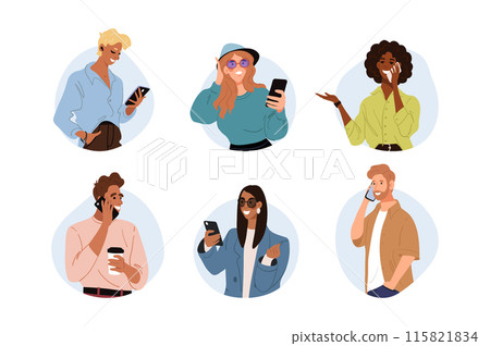 People of different races and nationalities use smartphone for communication, calls, entertainment. Flat vector illustration of men and women with phones. Character set. 115821834