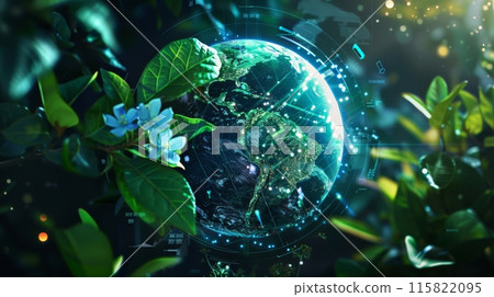 Abstract technological Earth globe with green leaves and flowers decoration. Ecology and green energy concept 115822095