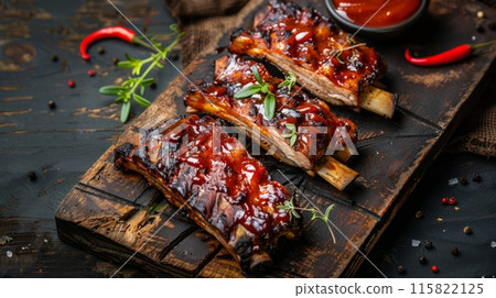 Delicious grilled bbq ribs on rustic background 115822125