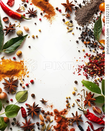 Assortment of spices on white background. Spicy cooking concept. 115822158