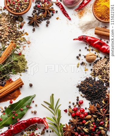 Assortment of spices on white background. Spicy cooking concept. 115822161