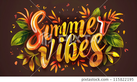 Summer vibes - lettering calligraphy text with florals decoration. Orange and brown colored Summer vibes - lettering calligraphy text with florals decoration. Orange and brown colored 115822195