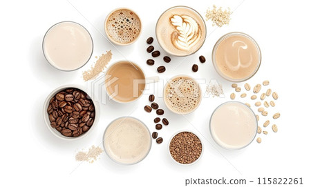 Flat lay of various coffee beverages, beans, and powdered ingredients on a white background, showcasing diverse coffee preparations.. Flat lay of various coffee beverages, beans, and powdered ingredients on a white background, showcasing diverse coffee preparations.. 115822261