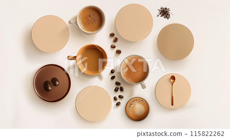 Flat lay of various coffee beverages, beans, and powdered ingredients on a white background, showcasing diverse coffee preparations.. 115822262