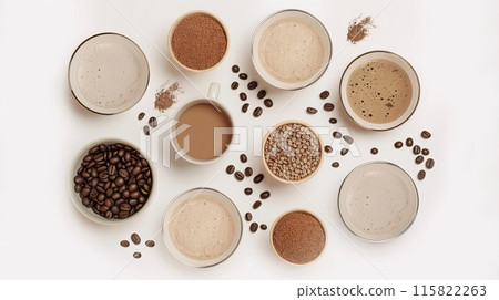 Flat lay of various coffee beverages, beans, and powdered ingredients on a white background, showcasing diverse coffee preparations.. Flat lay of various coffee beverages, beans, and powdered ingredients on a white background, showcasing diverse coffee preparations.. 115822263