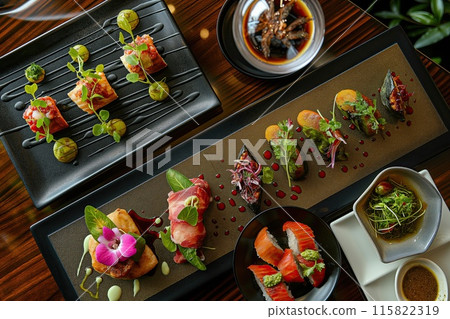 Sophisticated fine dining setup featuring gourmet dishes, wine glasses, and a beautifully plated main course on a rustic table.. Sophisticated fine dining setup featuring gourmet dishes, wine glasses, and a beautifully plated main course on a rustic table.. 115822319