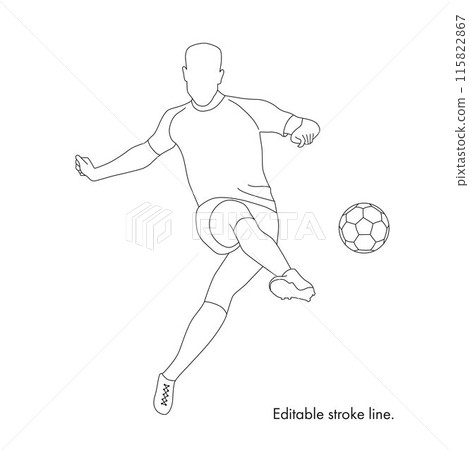 Soccer running player with ball. Vector stock one line hand drawing illustration isolated on white background for design template football championship, game. Editable stroke. EPS10 Soccer running player with ball. Vector stock one line hand drawing illustration isolated on white background for design template football championship, game. Editable stroke. EPS10 115822867