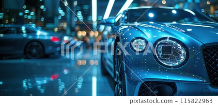 Sleek blue luxury car in a brightly lit car showroom against a blurred background of other cars 115822963