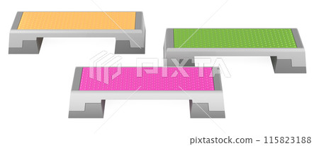 Colored Adjustable Workout Aerobic Steppers. Aerobic Exercise Step Platforms with 2 Risers. 3D rendering 115823188