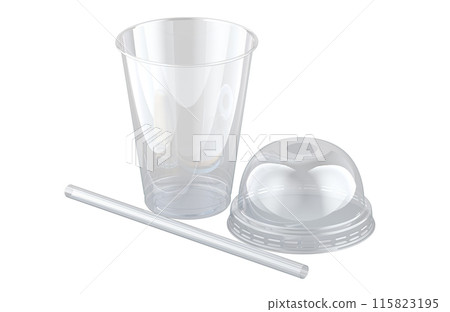 Empty transparent plastic cup with pipe. Clear Plastic Cup With Dome Lid. 3D rendering 115823195
