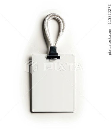 Simple yet elegant setup of a blank white identification badge attached to a stylish black and white lanyard, placed on a gray background.. 115823278