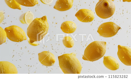 Bright and refreshing image of multiple lemons suspended in air against a clean white background, capturing a sense of freshness.. 115823282