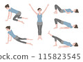 Illustration set of women doing pelvic floor muscle training: diet, stretching, yoga, muscle training Illustration set of women doing pelvic floor muscle training: diet, stretching, yoga, muscle training 115823545