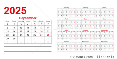Classic monthly calendar for 2025. Calendar in the style of minimalist square shape. 115823613