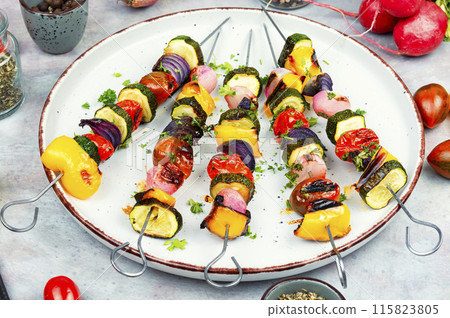 Vegetables kebabs on skewers, healthy food. 115823805