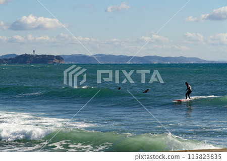 一邊眺望江之島一邊在湘南海衝浪的人們 一邊眺望江之島一邊在湘南海衝浪的人們 115823835