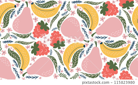 Playful seamless pattern featuring illustrations of raspberries, bananas, pink pears, pink flowers, and green leaves, arranged in a kaleidoscope-like design. Modern, organic vector style with flat 115823980