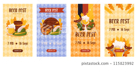 Beer festival vertical social media stories collection template. Design with glass of beer, wheat and leaves, banner ribbon and other festive objects on light rhombus background 115823992